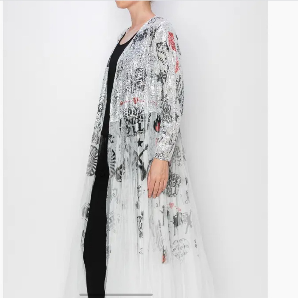 Origami brand silver sequin Long Sheer Cardigan tulle NWT rock ‘n’ roll print - Picture 3 of 4